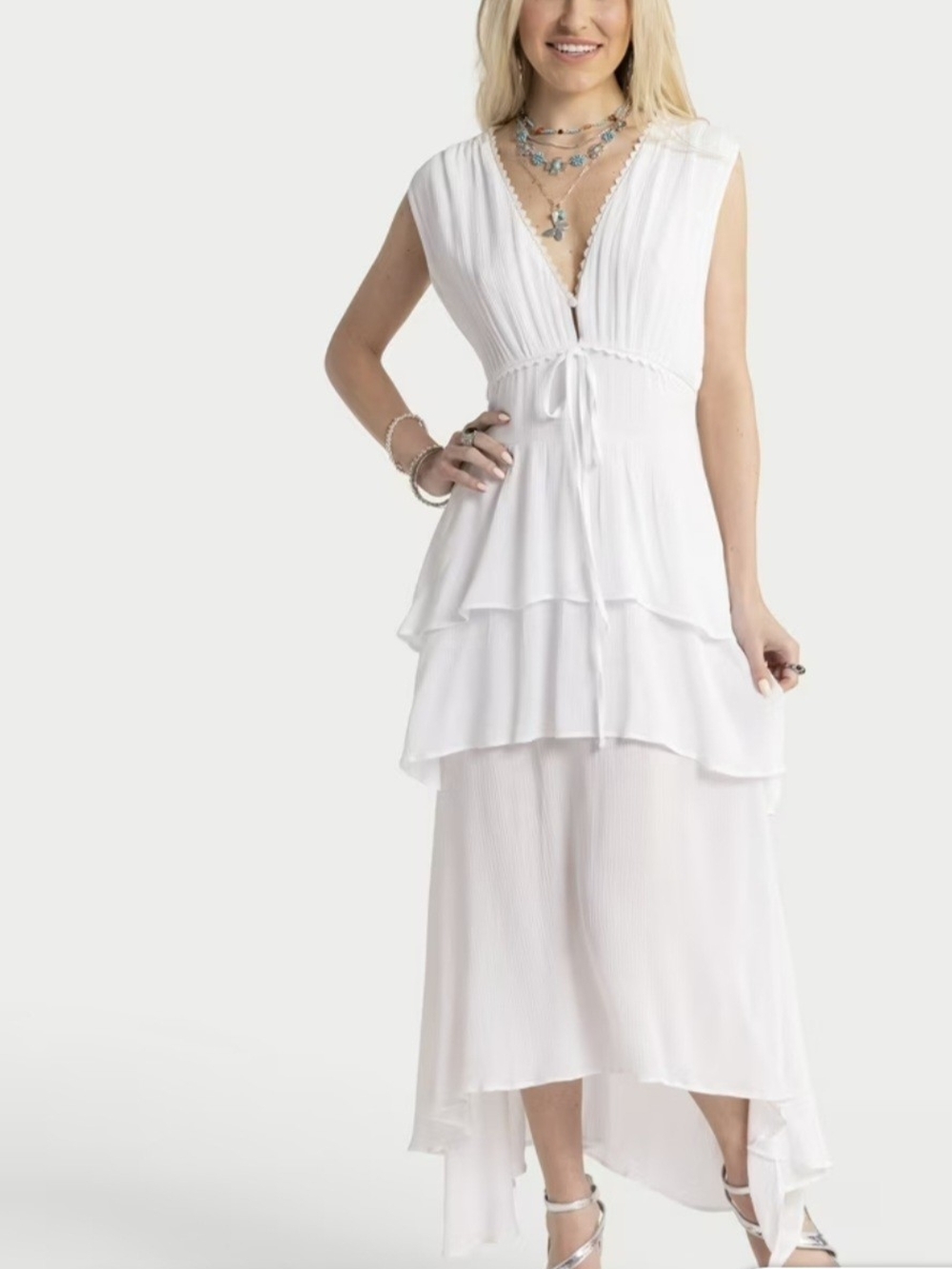 Jessica Simpson White Tiered High-Low V-Neck Maxi Dress